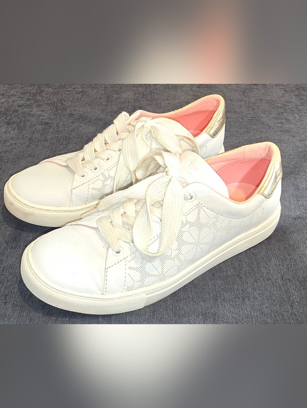 Kate Spade Audrey Perforated Floral Leather Sneakers White Gold 8.5B